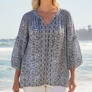 Blue White Floral Medallion Smocked Blouse Womens 3X Coastal Boho Peasant Plus